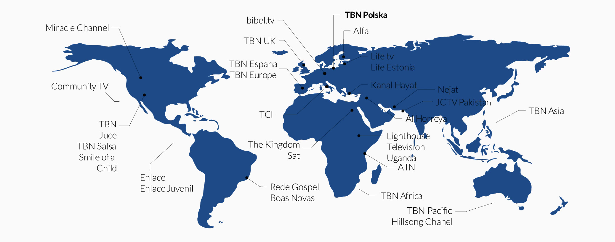Mapa kanałów TBN na całym świecie